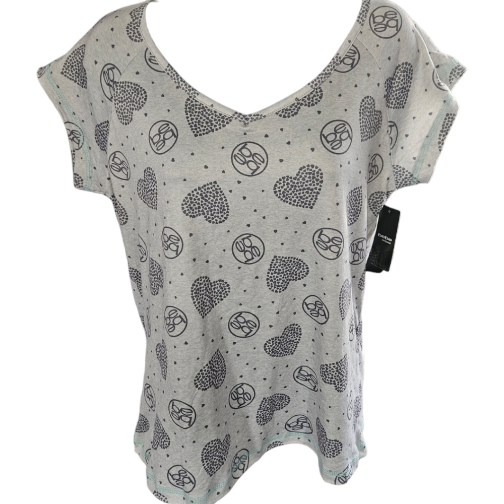 NWT Bebe Sleepwear Logo Heart V-Neck Short Sleeve Top